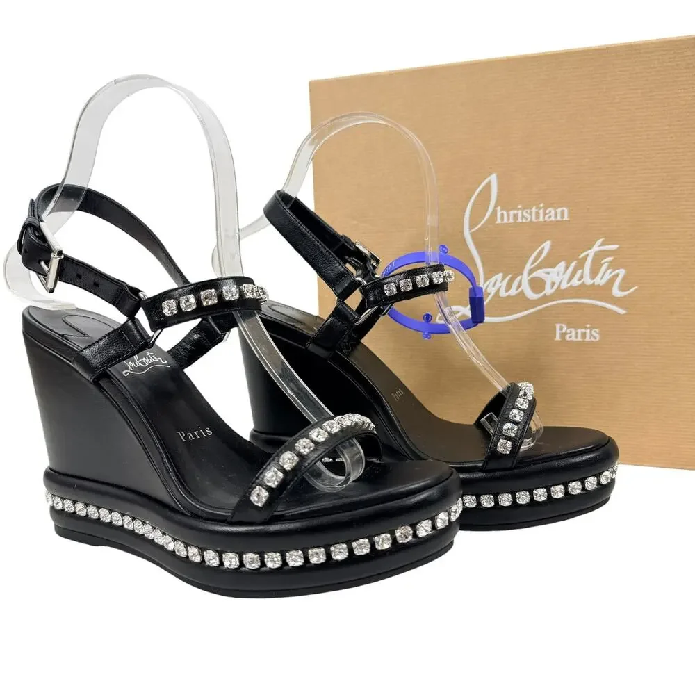 New Christian Louboutin Pyrastrass Crystals Wedge Sandals Black Size 37